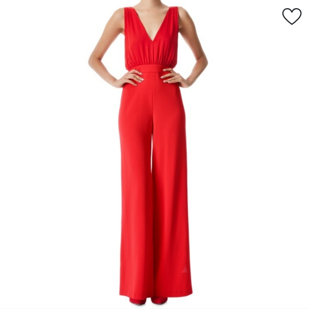 Alice + Olivia Red V-Neck Wide-Leg Jumpsuit